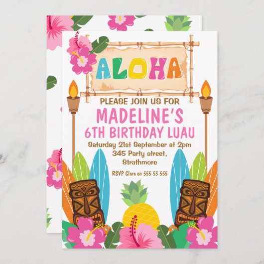 Filles Aloha Luau Invitation Anniversaire (Devant / Derrière)