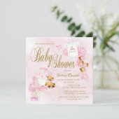 Filles Aquarelle rose Or Bébé Douche Invitations (Debout devant)