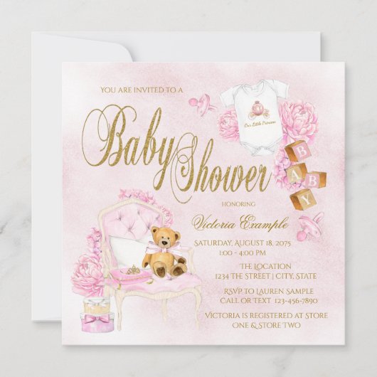 Filles Aquarelle rose Or Bébé Douche Invitations (Devant)