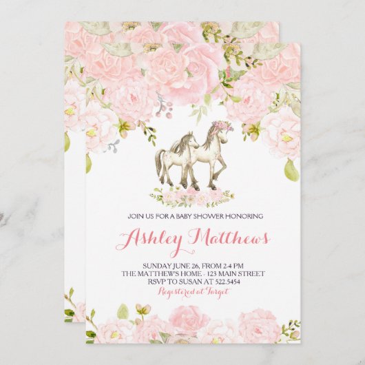 Filles Baby-cheval Baby-Douche Invitations (Devant / Derrière)