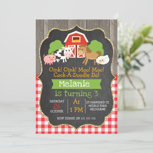 Filles Barnyard Chalkboard Invitation Anniversaire (Debout devant)