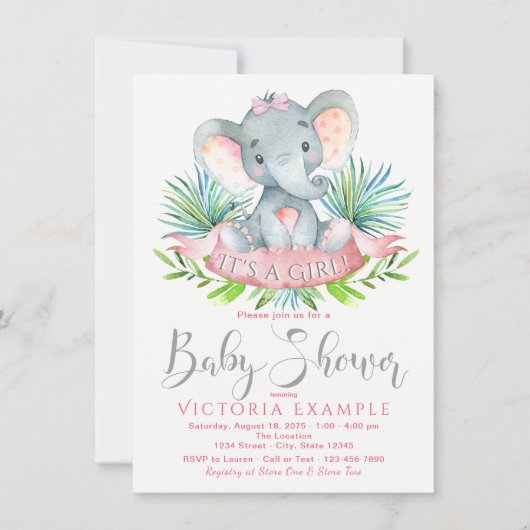 Filles bébé éléphant bébé douche Invitations (Devant)