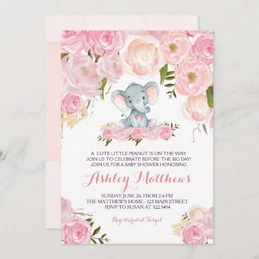 Filles bébé éléphant bébé douche Invitations (Devant / Derrière)