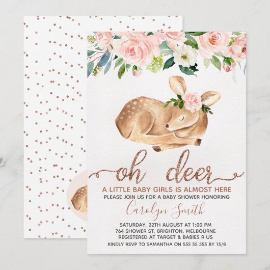 Filles Blush Floral Oh Deer Baby shower Invitation (Devant / Derrière)