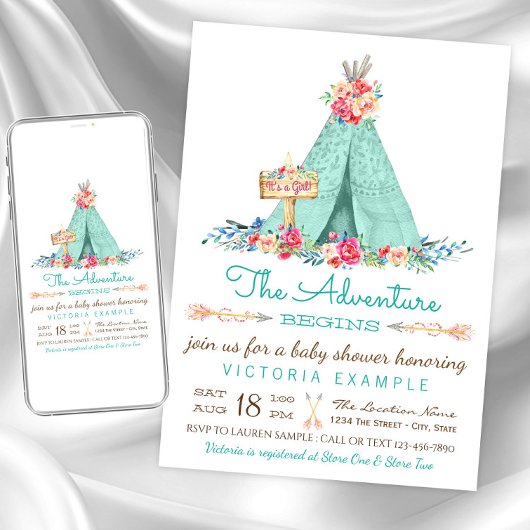 Filles Boho TeePee Baby Shower Invitations