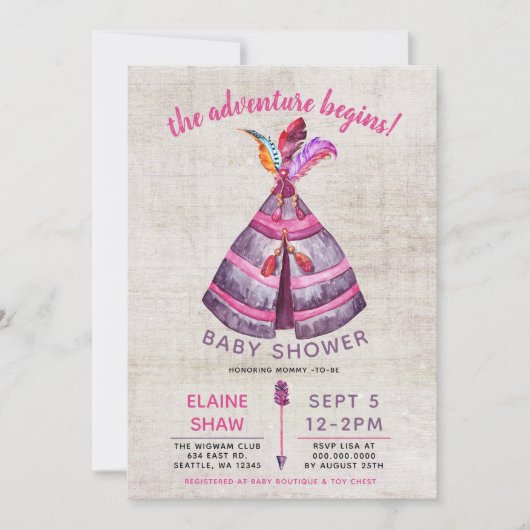 Filles Boho TeePee Baby Shower Invitations (Devant)