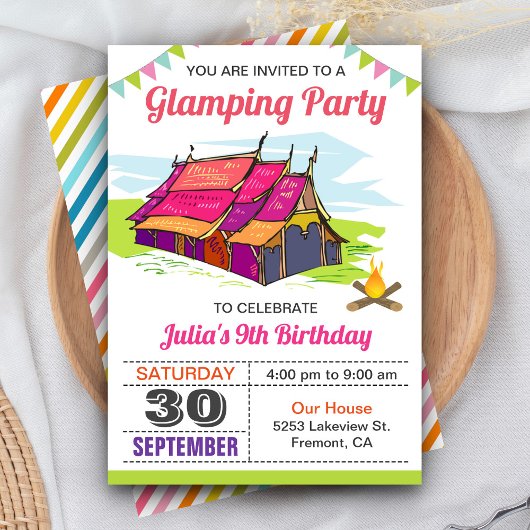 Filles Camping Glamping Invitation de fête d'anniv