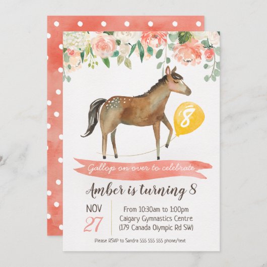 Filles Cheval Anniversaire Fête Invitation (Devant / Derrière)