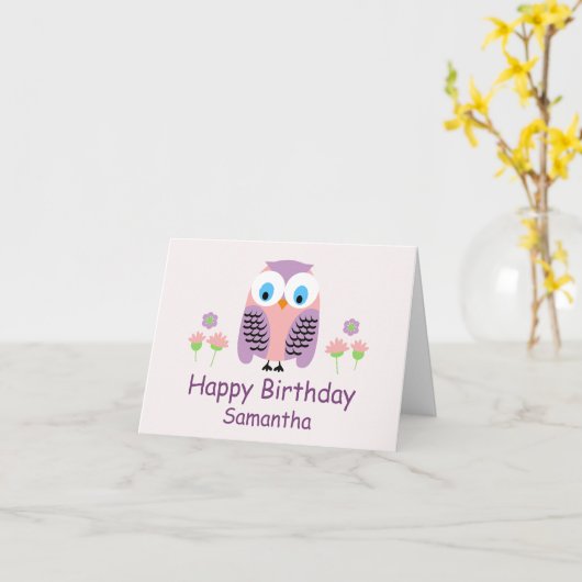 Filles Chouette violette Carte d'anniversaire (Fleur jaune)