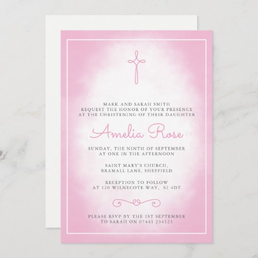 Filles Christening/Baptême Invitation (Devant / Derrière)