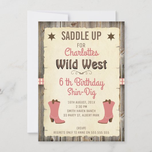 Filles Cowgirl Bottes Wild West Invitation Anniver (Devant)