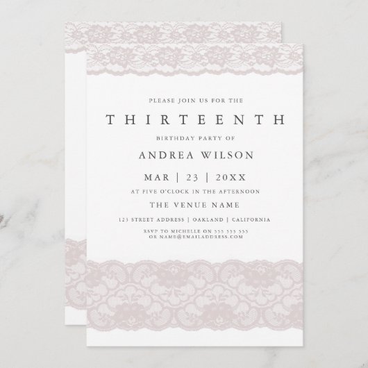 Filles Dentelle rose 13e anniversaire Invitation d (Devant / Derrière)
