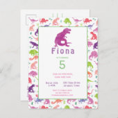 Filles Dinosaur Anniversaire Carte postale Invitat (Devant / Derrière)