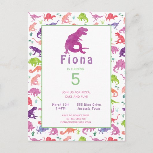 Filles Dinosaur Anniversaire Carte postale Invitat (Devant)