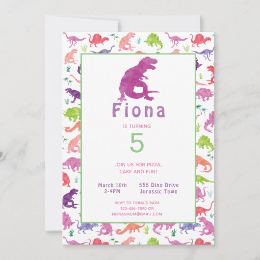 Filles Dinosaur T-Rex Invitation fête d'anniversai (Devant)