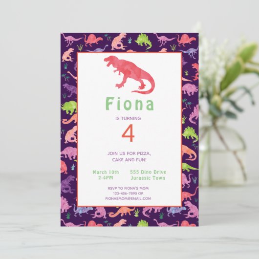 Filles Dinosaure Rose Anniversaire Invitation (Debout devant)