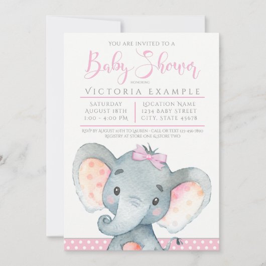 Filles Eléphant mignonne Baby Douche Invitations (Devant)