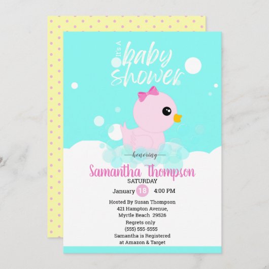 Filles en caoutchouc Ducky Baby Shower Invitations (Devant / Derrière)