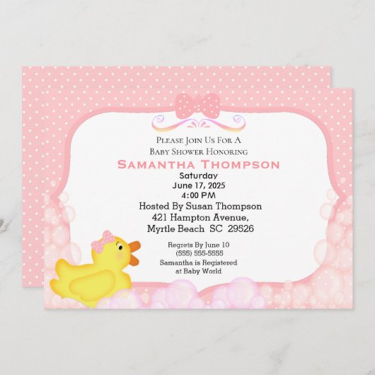 Filles en caoutchouc Ducky Baby Shower Invitations (Devant / Derrière)