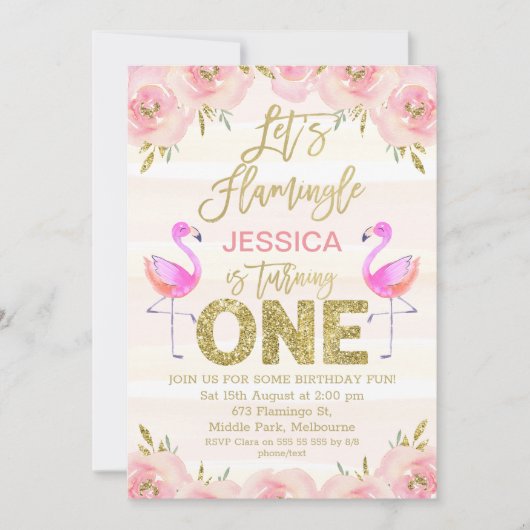 Filles flamingo florale première invitation annive (Devant)