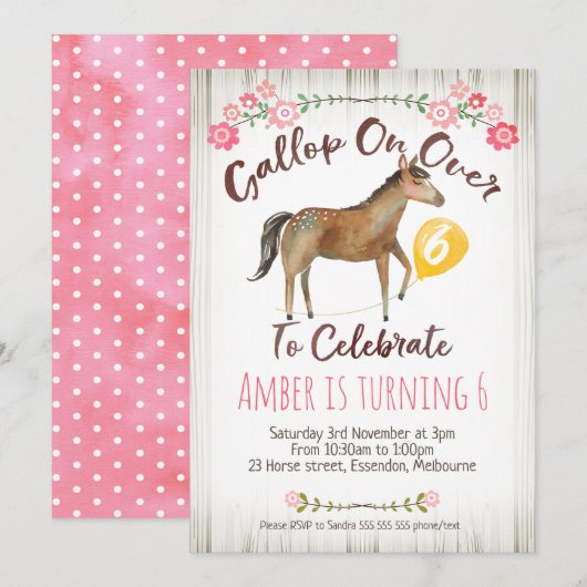 Filles Floral Horse Anniversaire Fête Invitation (Devant / Derrière)