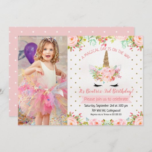 Filles Floral Unicorn Invitation Anniversaire (Devant / Derrière)