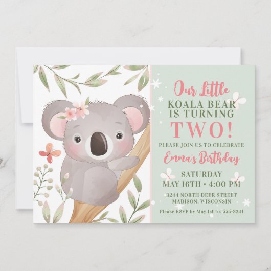 Filles Koala Invitation de fête d'anniversaire (Devant)