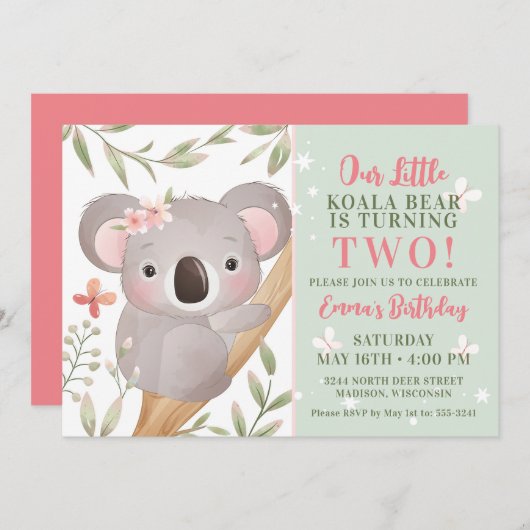 Filles Koala Invitation de fête d'anniversaire (Devant / Derrière)