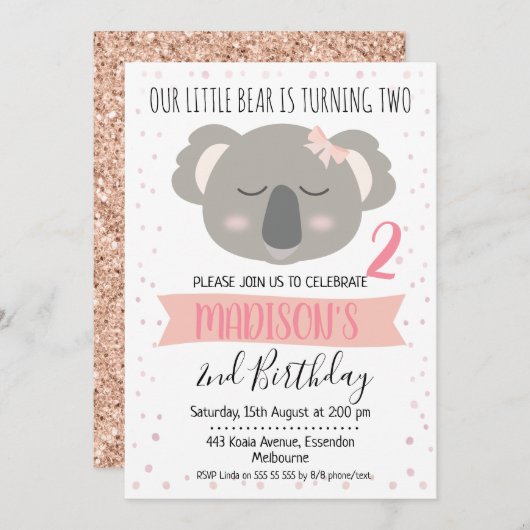Filles Koala Ours Anniversaire Invitation (Devant / Derrière)
