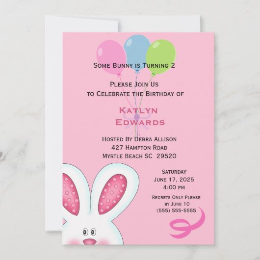 Filles Lapin Lapin Anniversaire Invitation (Devant)