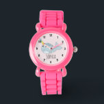 Filles mignonne arc-en-ciel Narwhal Dessin et nom<br><div class="desc">Cette magnifique montre pour enfants présente une adorable caricature dessinée à la main de narval arc-en-ciel. Ce joli design coloré dispose également d'un endroit où vous pouvez ajouter le nom de votre fille. Avec des chiffres clairs et faciles à lire, cette "première" montre est idéale pour ceux qui commencent à...</div>