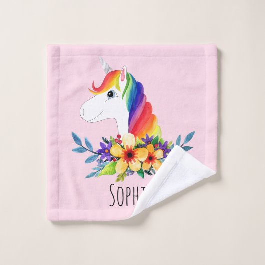 Filles mignonne arc-en-ciel Unicorn Fleurs et nom  (Gant de toilette)