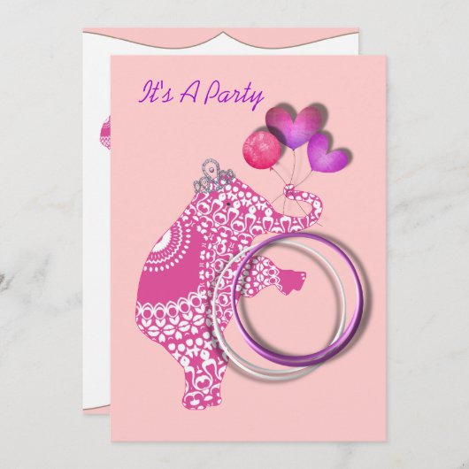 Filles mignonne rose princesse Eléphant Invitation (Devant / Derrière)