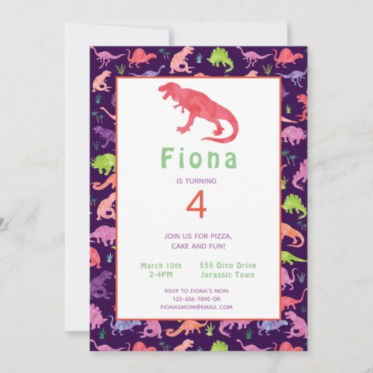Filles mignonnes Dinosaure Anniversaire Invitation (Devant)