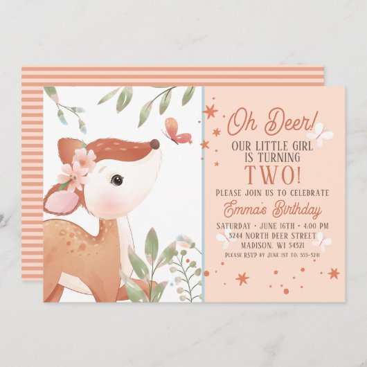 Filles Oh Deer Invitation de fête d'anniversaire (Devant / Derrière)