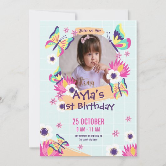 Filles Papillon 1er Anniversaire Invitation avec p (Devant)