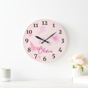 Filles Papillon rose Enfants Nursery Horloge ronde