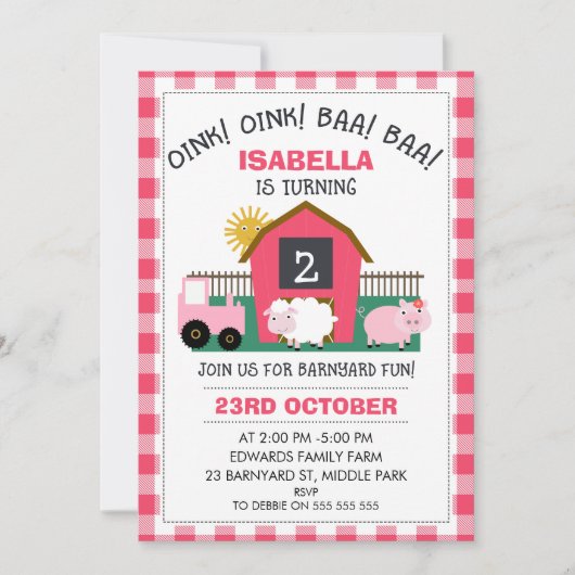 Filles Pink Barnyard Invitation Anniversaire (Devant)