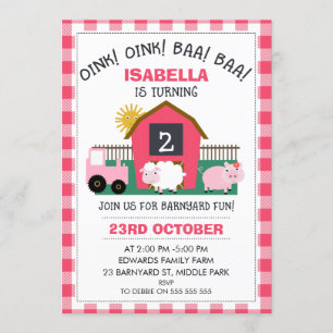 Filles Pink Barnyard Invitation Anniversaire