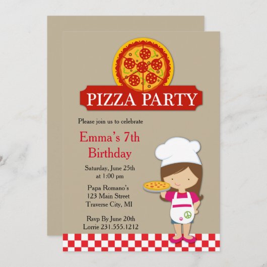 Filles Pizza fête Anniversaire Invitation (Devant / Derrière)