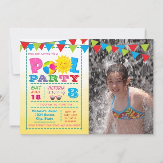 Filles Pool Invitations de fête d'anniversaire ave (Devant)