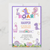 Filles Roar Dinosaure Anniversaire Invitation (Devant)