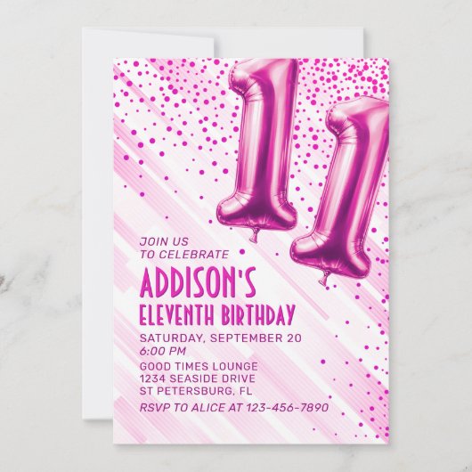 Filles rose 11e anniversaire Invitation (Devant)