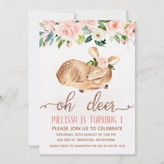 Filles Rose Oh Deer Invitation de fête d'anniversa (Devant)