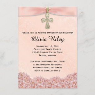 Filles roses Baptême Christening Invitation