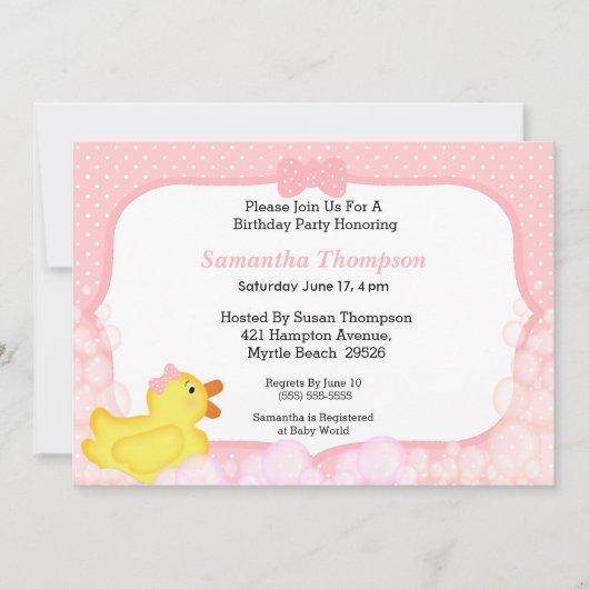Filles Rubber Ducky Anniversaire Invitations (Devant)