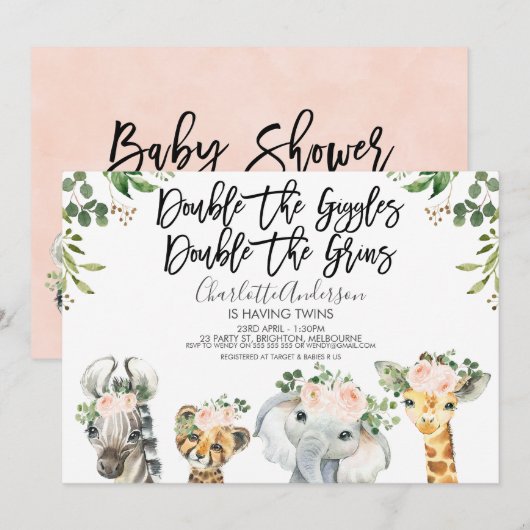 Filles Safari Animaux Twins Baby shower Invitation (Devant / Derrière)