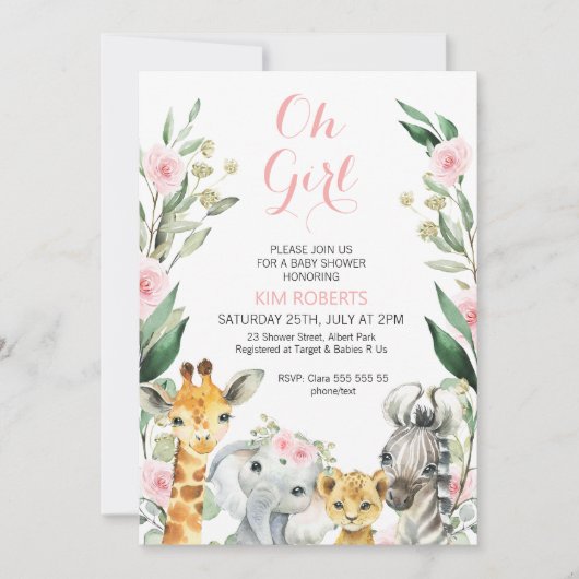 Filles Safari Floral Wreath Baby shower Invitation (Devant)