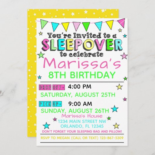 Filles Sleepover Anniversaire Invitation Fête de b (Devant / Derrière)