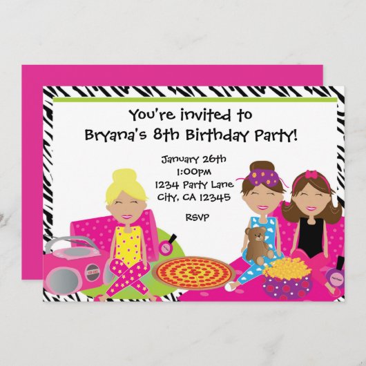 Filles Sleepover Fête de bois Zebra Invitation (Devant / Derrière)